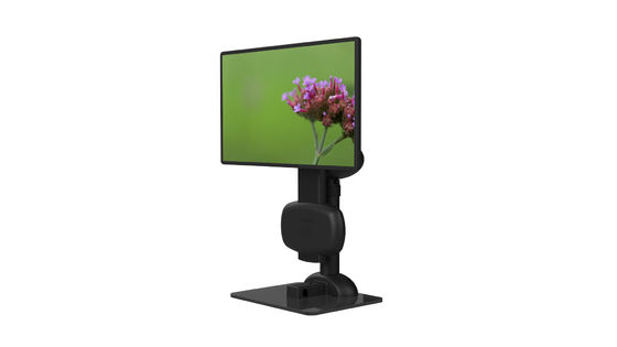 A tela de monitor da dor de pescoço está o braço de levantamento de gerencio elétrico do portátil