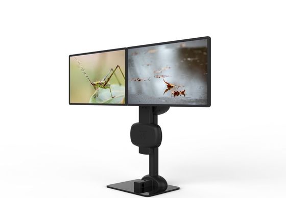 Elevação automática de monitor duplo de braço giratório para aliviar dor no pescoço e lombar